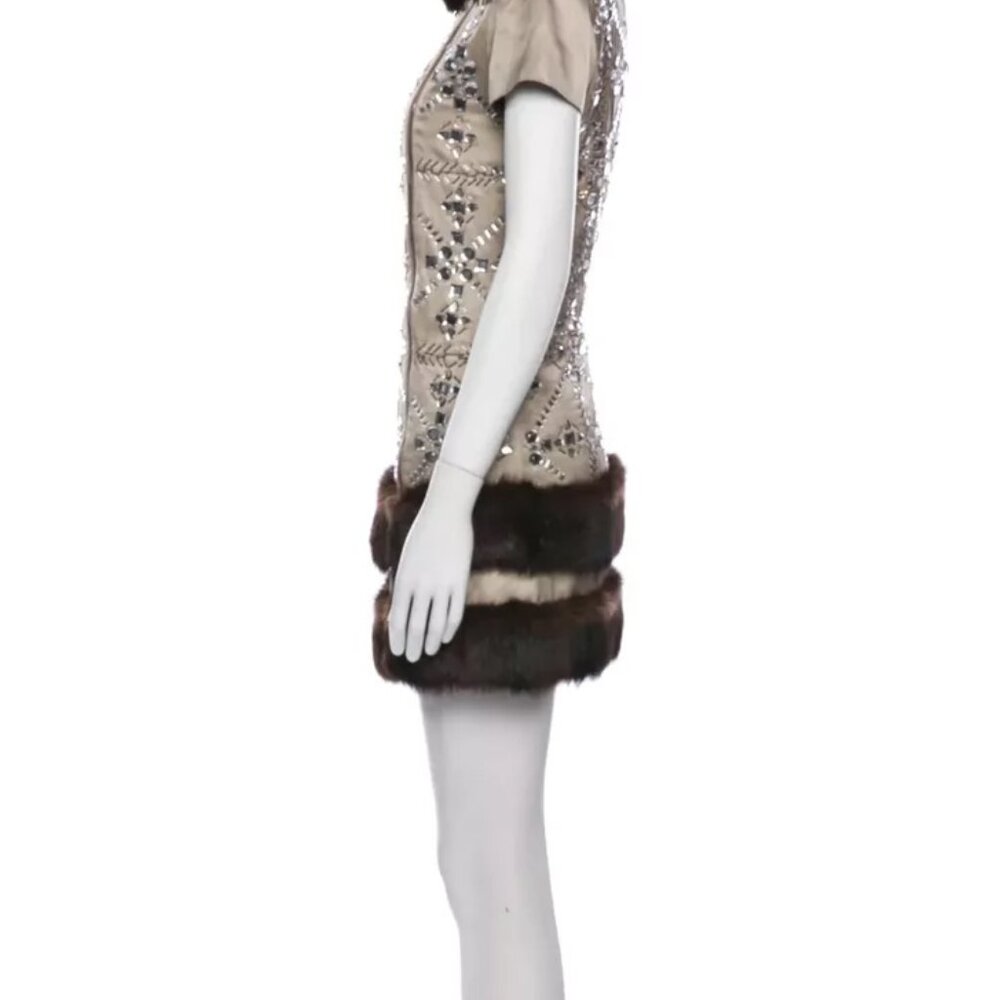 Moschino Couture Crystal Embellished Fur Trim Gold Zipper Dress USA 8 RHINESTONE - Picture 8 of 14